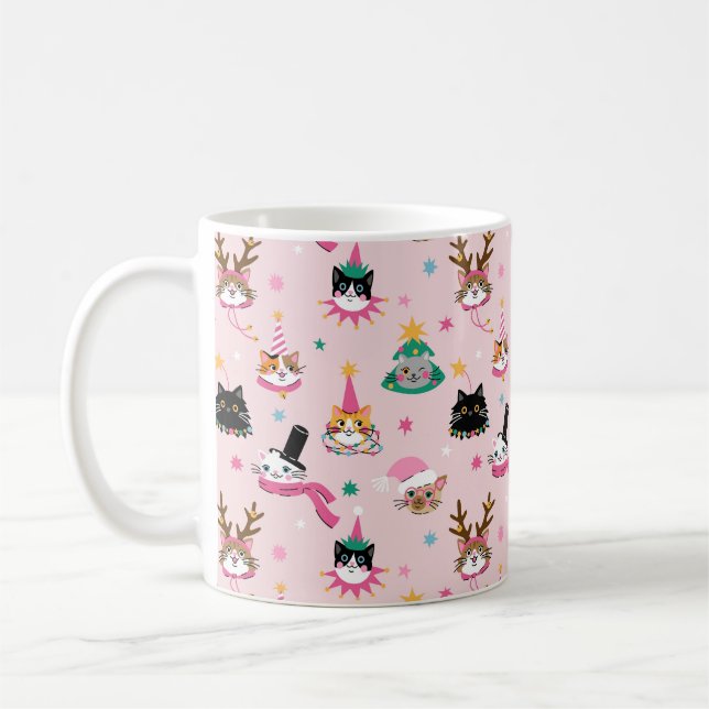 Festive Cat Faces in Holiday Hats Pattern Coffee Mug (Left)