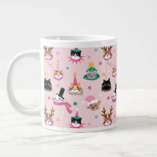 Festive Cat Faces in Holiday Hats Pattern Large Coffee Mug
