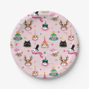 Festive Cat Faces in Holiday Hats Pattern Paper Plate