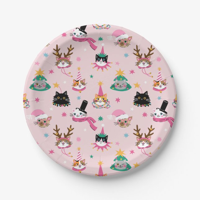Festive Cat Faces in Holiday Hats Pattern Paper Plate (Front)