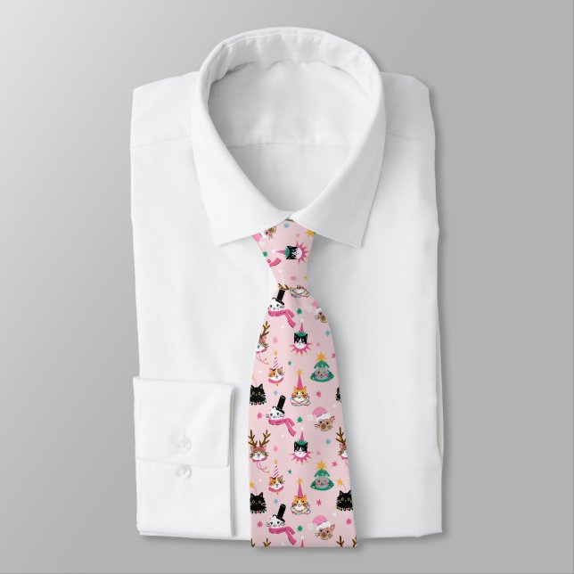 Festive Cat Faces in Holiday Hats Pattern Tie (Tied)