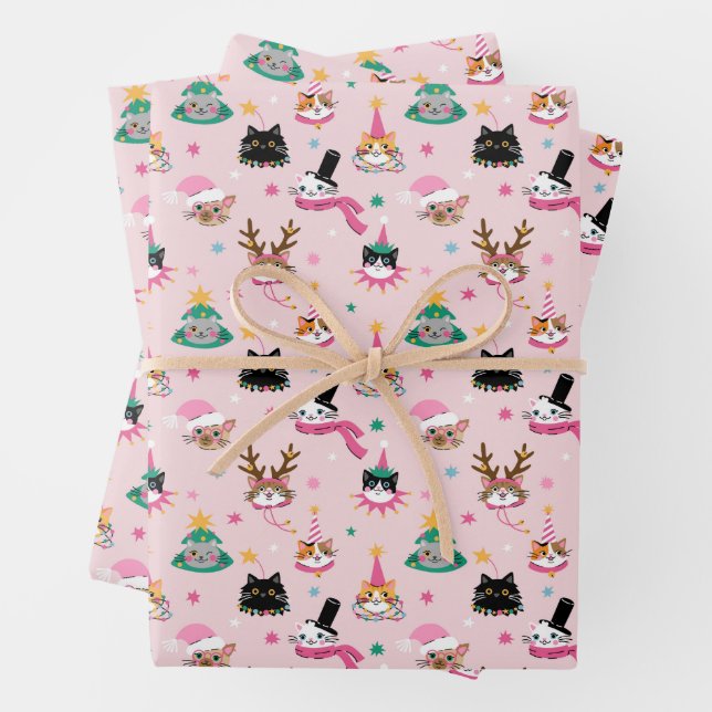 Festive Cat Faces in Holiday Hats Pattern Wrapping Paper Sheet (In situ)