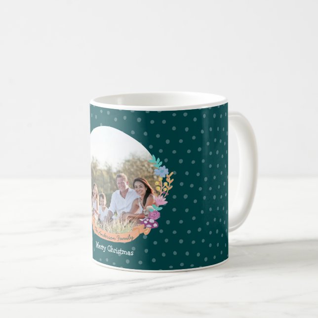 Festive cat floral wreath Christmas green photo Coffee Mug (Front Right)