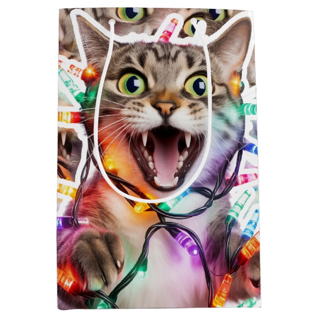 Festive Cat Gift Bag with Holiday Lights (Front)