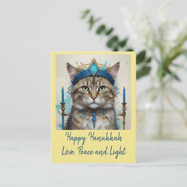 Festive Cat in Disguise Playful Hanukkah Greeting Holiday Postcard (Standing Front)
