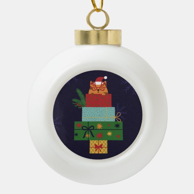 Festive Cat in Gift Stack Ornament (Front)