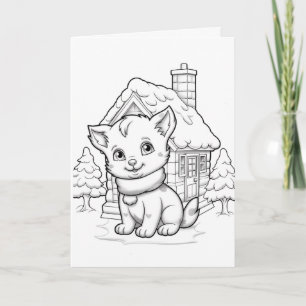 Festive cat kids colouring card