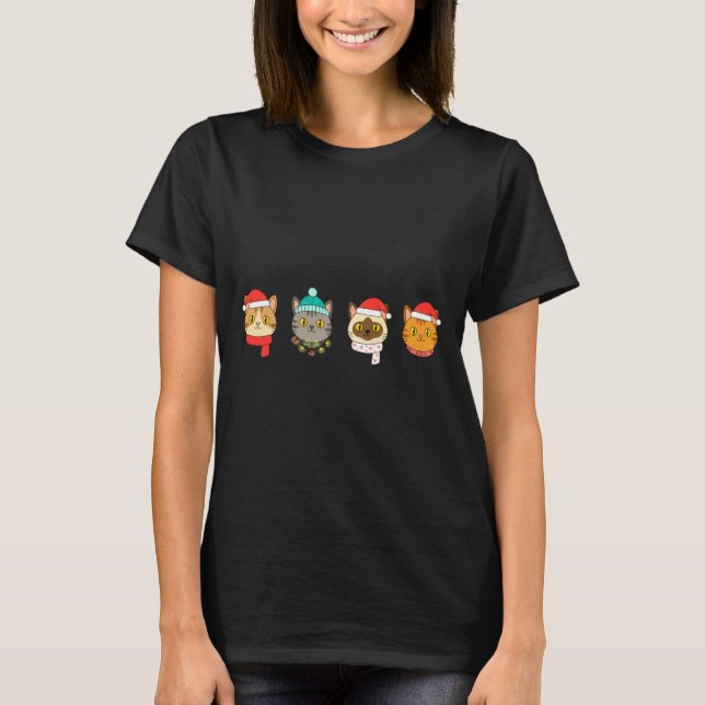 Festive Cat Lineup, Holiday Cat Art Cat Lovers, Ca T-Shirt (Front)