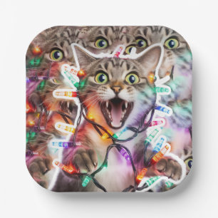 Festive Cat Paper Plate with Holiday Lights