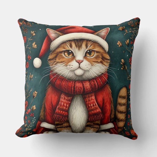 Festive Cat Wearing Santa Hat and Scarf Cushion (Front)