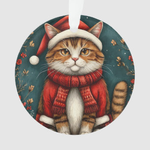 Festive Cat Wearing Santa Hat and Scarf Ornament
