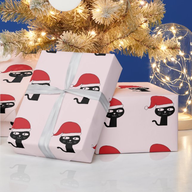 Festive Cat with a Red Santa Hat Modern Pattern Wrapping Paper (Holidays)