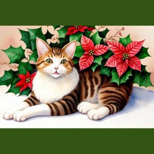 Festive Cat with Poinsettias Pillow