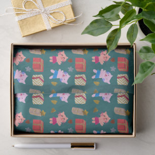 Festive cats and Presents dark green Christmas Tissue Paper