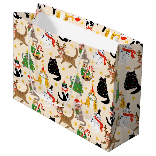 Festive Cats Christmas Pattern Large Gift Bag (Front Angled)