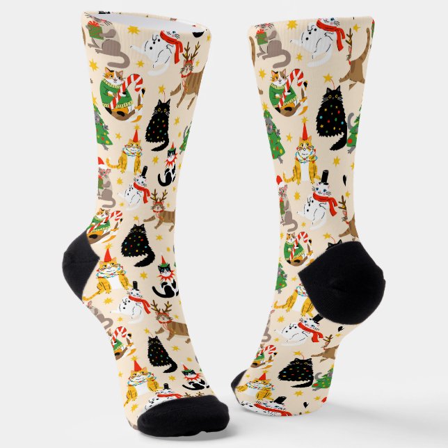 Festive Cats Christmas Pattern Socks (Angled)