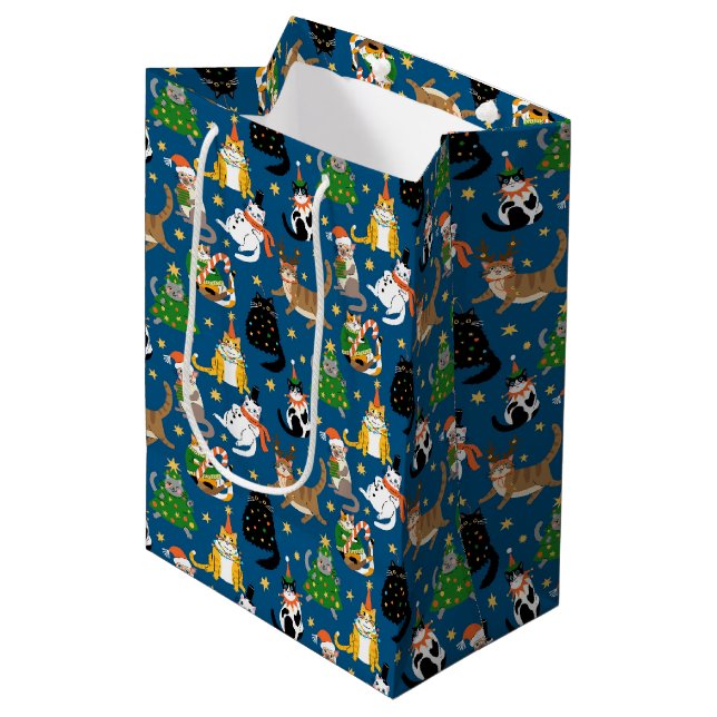 Festive Cats in Christmas Costumes Pattern Medium Gift Bag (Front Angled)