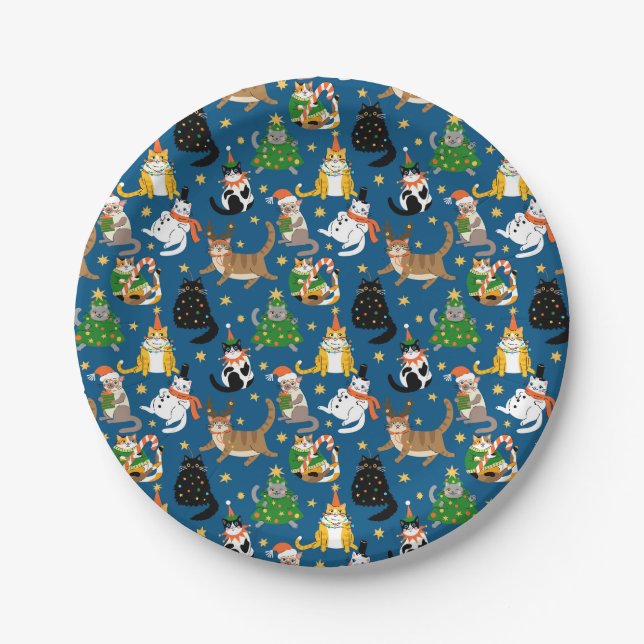 Festive Cats in Christmas Costumes Pattern Paper Plate (Front)