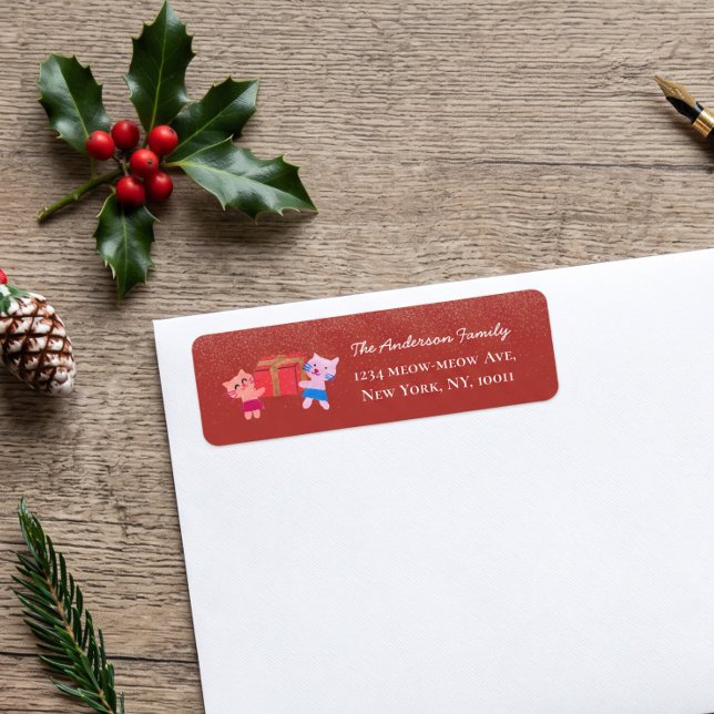 Festive Cats Snow Falling Red Xmas Return Address (Creator Uploaded)