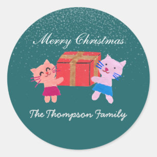 Festive cats with gift box dark green Christmas Classic Round Sticker
