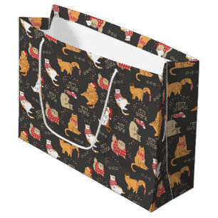 Festive Cats with Lights Christmas Pattern Large Gift Bag