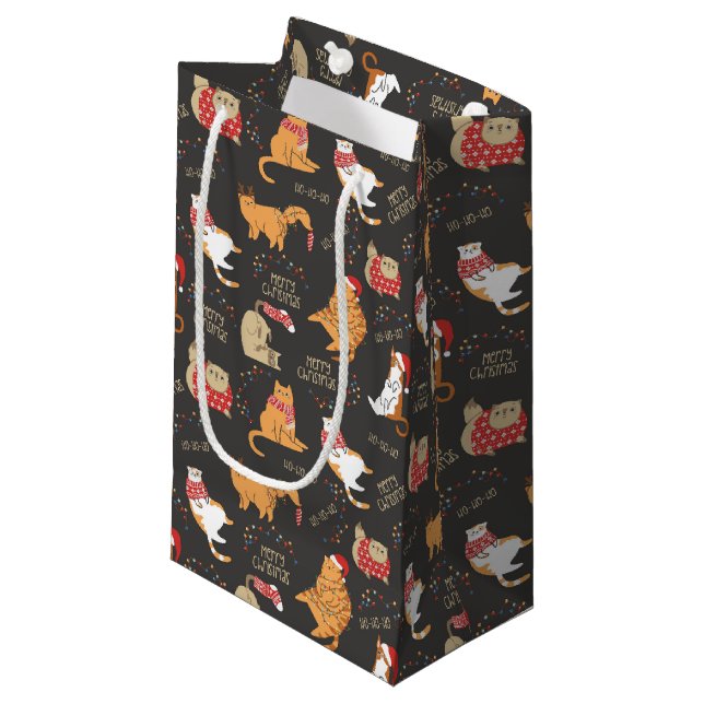 Festive Cats with Lights Christmas Pattern Small Gift Bag (Front Angled)