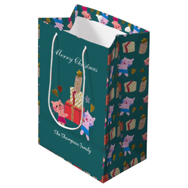 Festive cats with present green Christmas  Medium Gift Bag (Front Angled)
