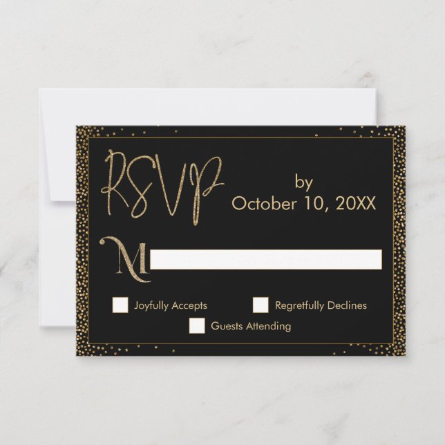 Festive Celebrations Faux Gold Confetti on Black RSVP Card (Front)
