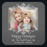 Festive Chalkboard Style Custom Photo Square Sticker<br><div class="desc">Completely customisable photo sticker featuring beaded and swirly white frame with optional drop shadow overlay on black chalkboard background with festive holiday greeting and decorative ornament with one line of customisable text.</div>