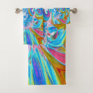 Festive Chartreuse and Blue Dahlia Flower Petals Bath Towel Set