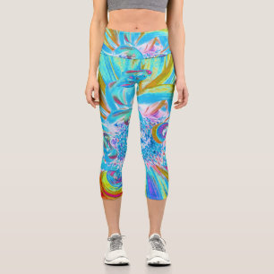Festive Chartreuse and Blue Dahlia Flower Petals Capri Leggings