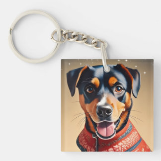 Festive Cheer: Cozy Rottweiler Mix in Red Sweater Key Ring