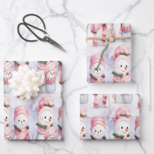 Festive cheer with smiling snowmen and snowflakes wrapping paper sheet