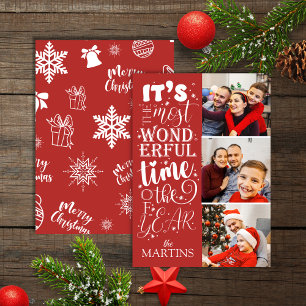Festive Cheerful Red Christmas 3 Photo Holiday Card