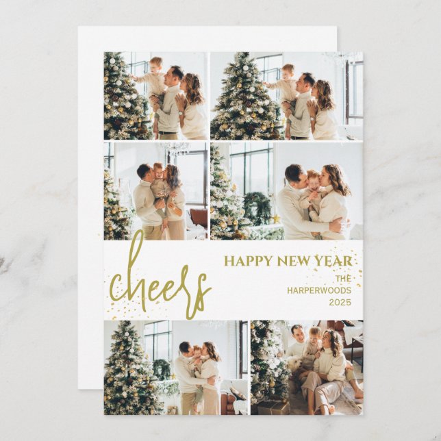 Festive Cheers | Elegant New Year Photo Collage Holiday Card (Front/Back)