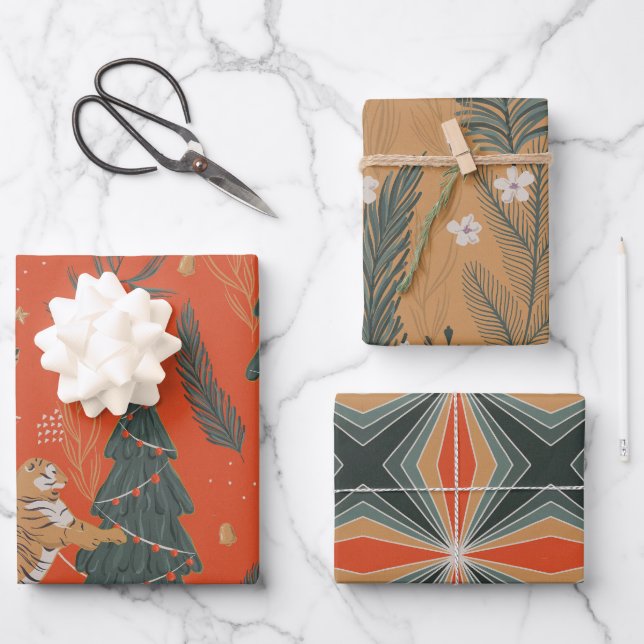 Festive Cheetah Holiday Gem Tone  Wrapping Paper Sheet (Front)