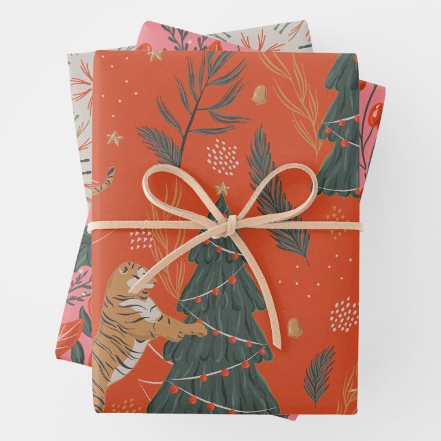 Festive Cheetah Pink Holiday Gem Tone  Wrapping Paper Sheet (In situ)