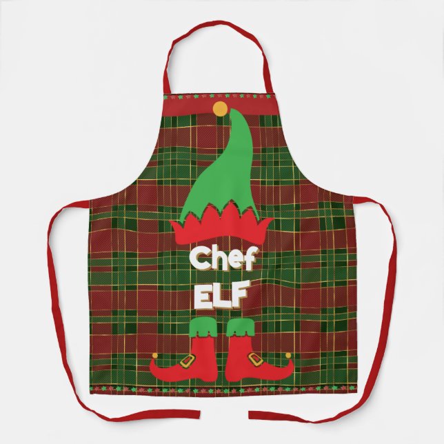 Festive Chef Elf Red and Green Tartan Apron (Front)