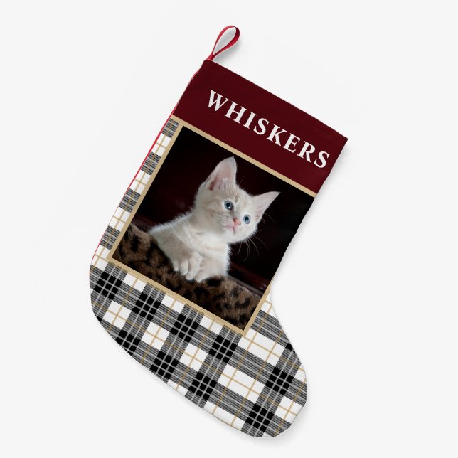 Festive Chequered Plaid Pet Cat Photo Christmas  Small Christmas Stocking (Front (Hanging))