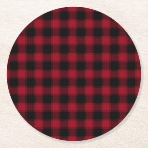 Festive Chequered Red & Black Plaid Pattern Round Paper Coaster