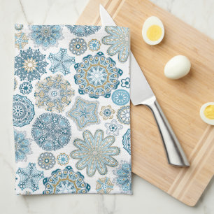 Festive Chic Floral Mandala Snow Flakes Pattern Tea Towel