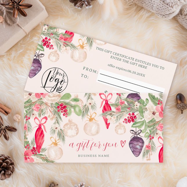 Festive chic pine Christmas logo gift certificate (Festive winter Christmas logo gift certificate on pink)