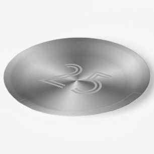 Festive Chic Silver Grey 25th Anniversary Paper Plate