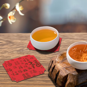 Festive Chinese Character Calligraphy 福 Blessings Paper Coaster