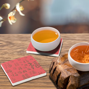 Festive Chinese Character Calligraphy 福 Blessings Stone Coaster