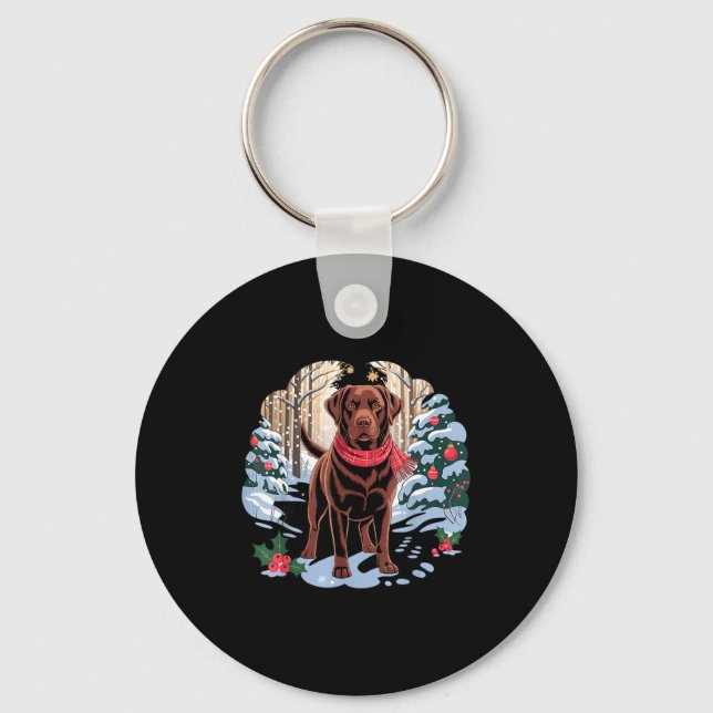 Festive Chocolate Lab In Snowy Forest Winter Xmas  Key Ring (Front)