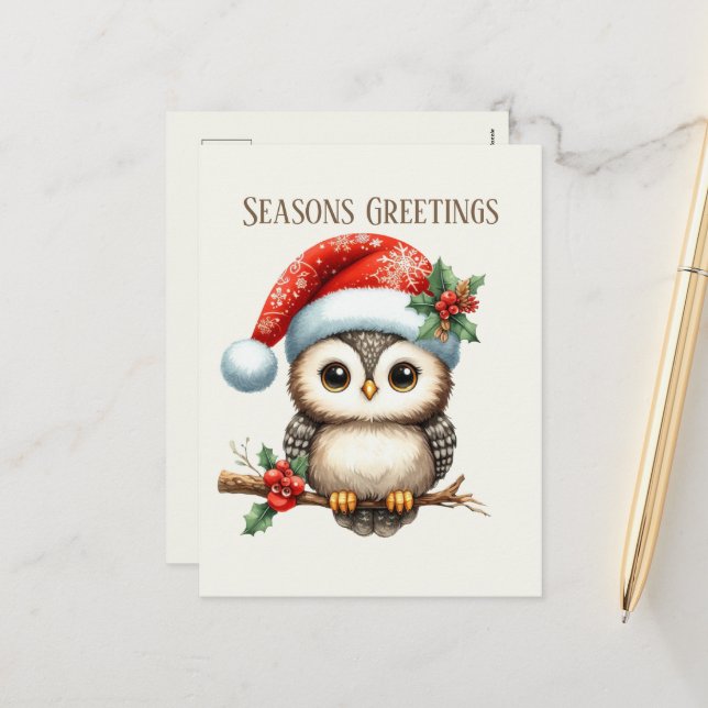 Festive Christmas add message owl Holiday Postcard (Front/Back In Situ)