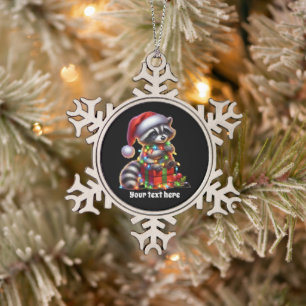 Festive Christmas add message racoon Snowflake Pewter Christmas Ornament