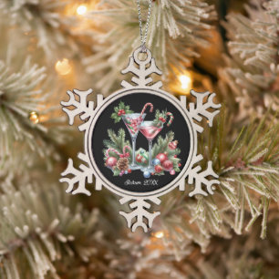 Festive Christmas add name date cocktail Snowflake Pewter Christmas Ornament
