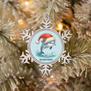 Festive Christmas add name date dolphin 20XX Snowflake Pewter Christmas Ornament